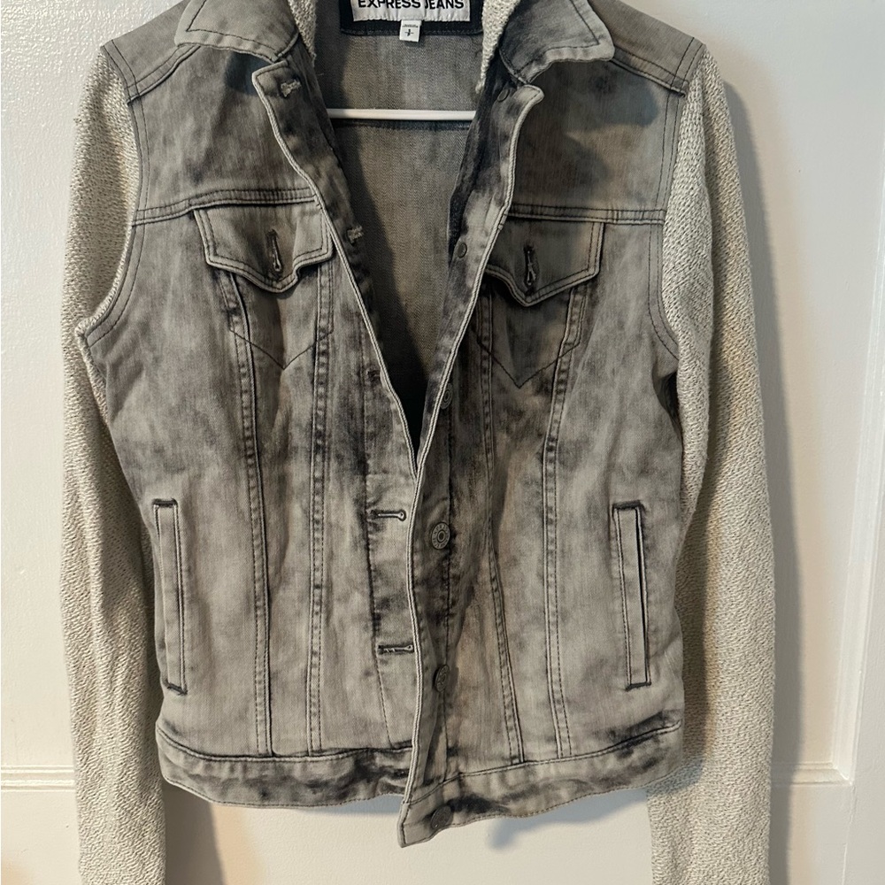 Express Grey Denim Jacket with Knit Sleeves